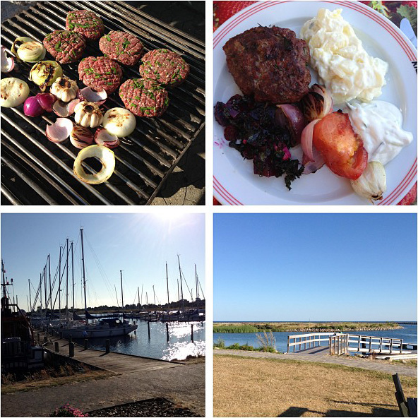 Grill, grillmad, hakkebøf, sommer, sol, kartoffelsalat, løg, hvidløg, salat, familie, hygge, hundige, havn,