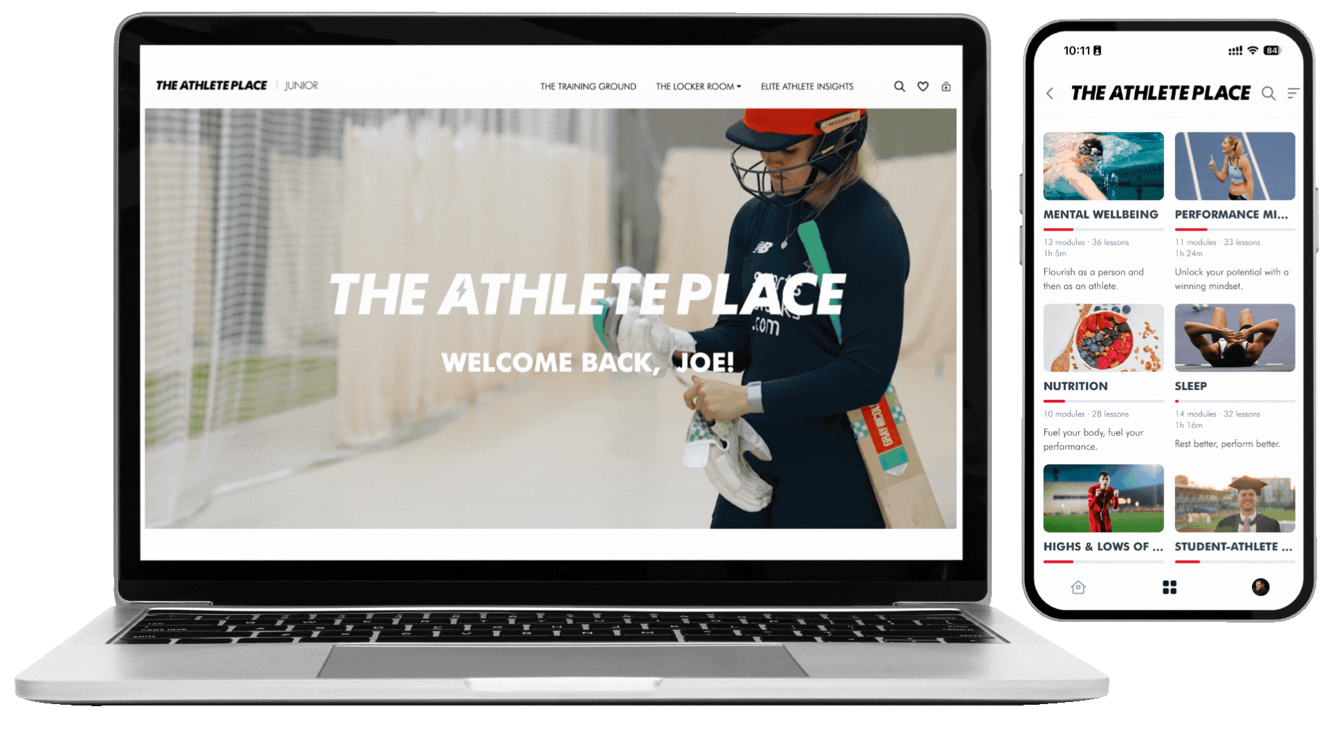 The Athlete Place platform shown on a laptop and a phone