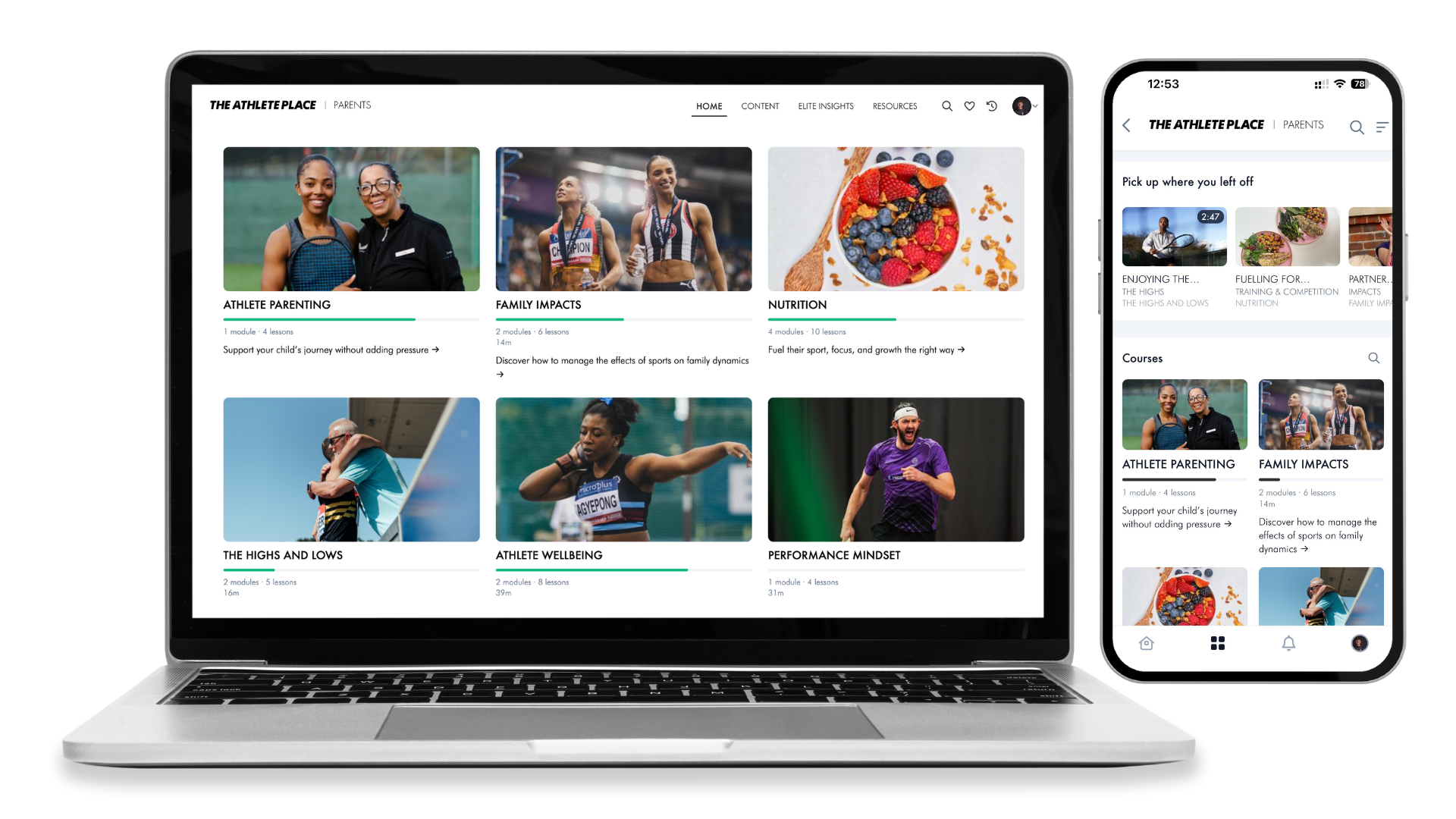 The Athlete Place parent platform shown on a laptop and a phone