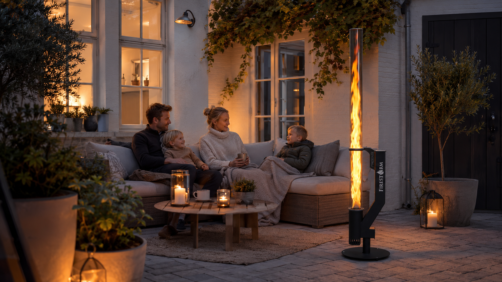 Firestorm Phoenix på dansk familieterrasse ved blåtime med levende flamme