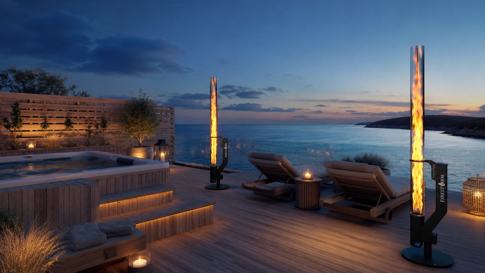 Firestorm Phoenix på spa- og hotelterrasse med havudsigt ved blue hour