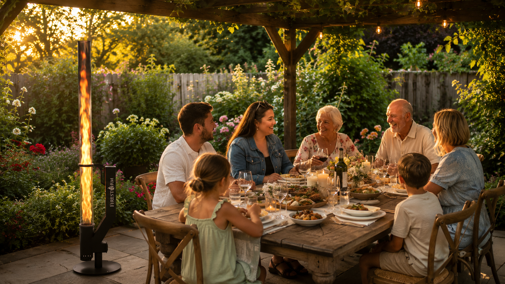 Firestorm Phoenix ved havemiddag under pergola i golden hour