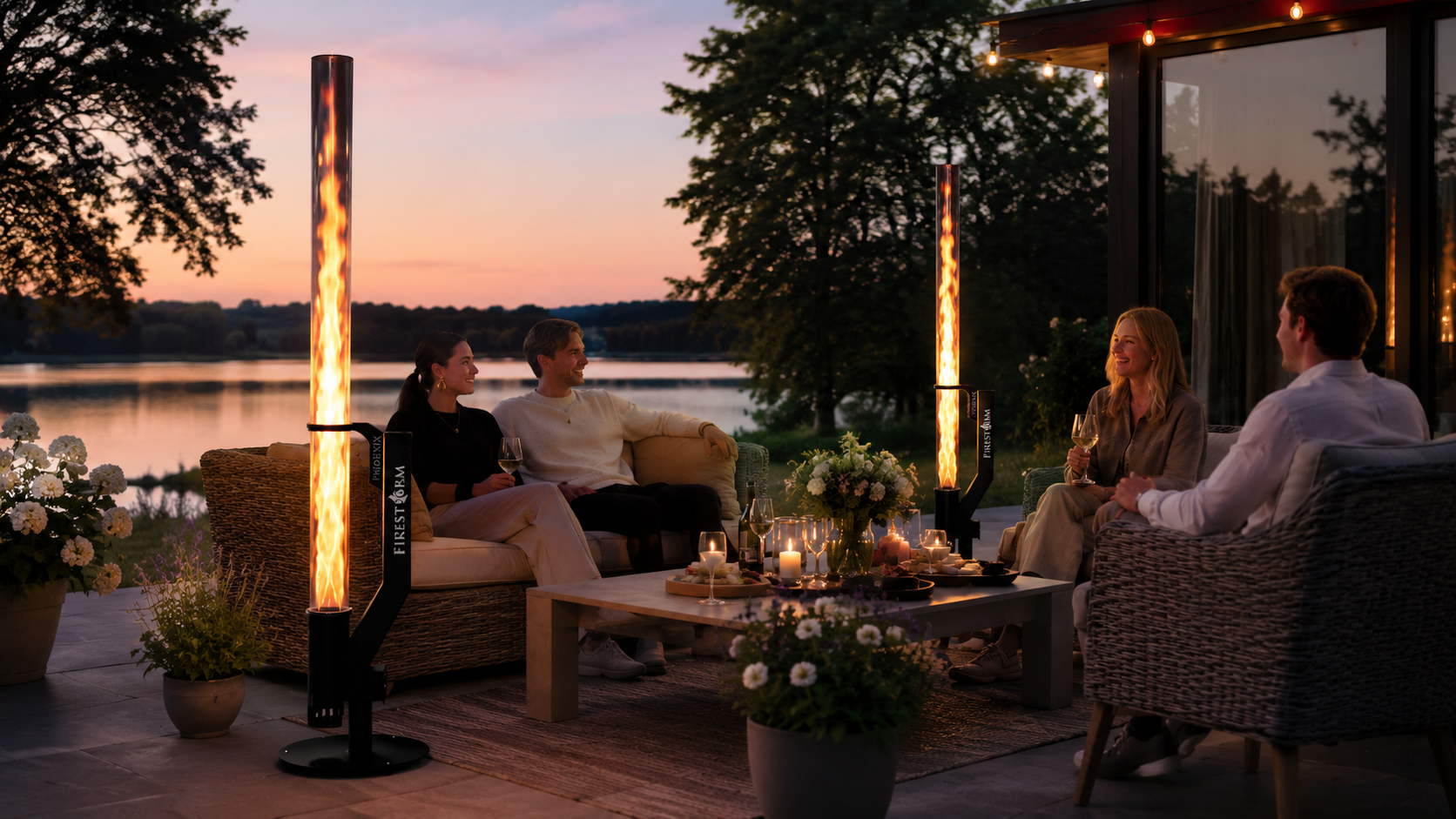 Firestorm Phoenix på terrasse ved vandet med venner og lounge ved solnedgang