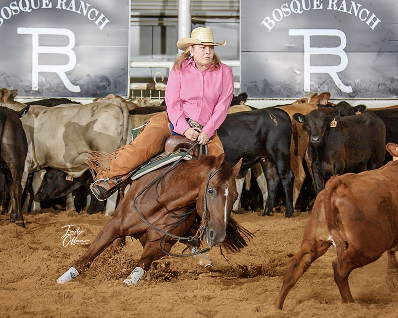 Michelle LeMaster competing on Some Kinda Highbrow at a cutting horse competition