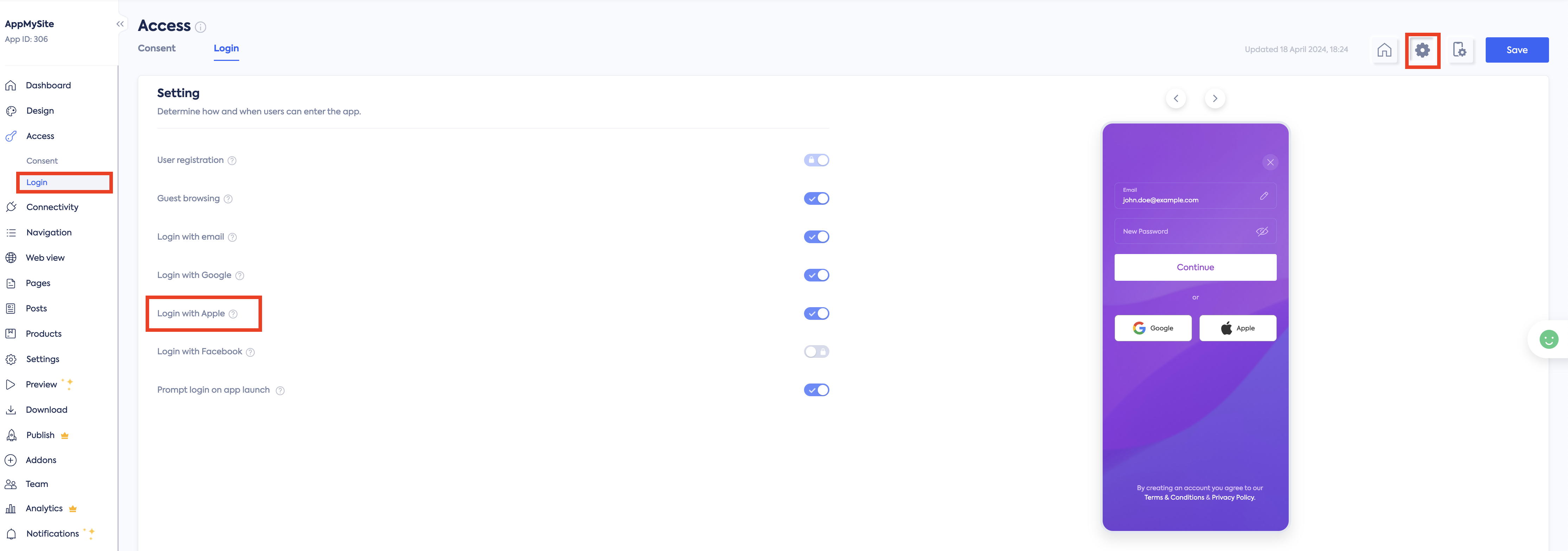 Apple Login configuration settings