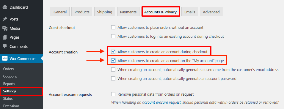 WooCommerce user registration settings