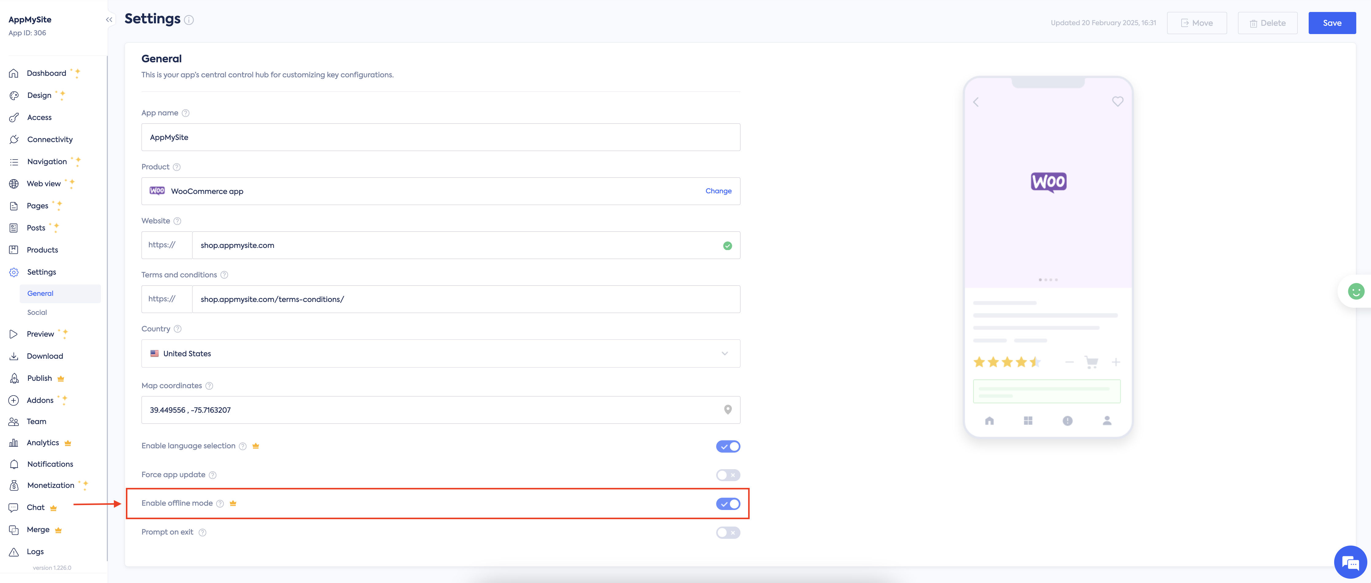Offline mode settings for mobile app