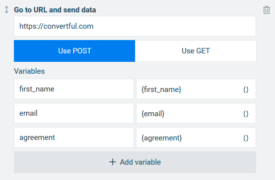 Go to URL and send data action