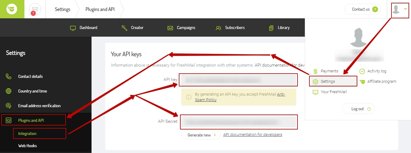 Freshmail settings
