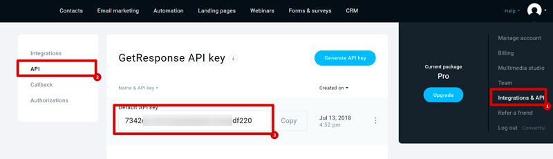 GetResponse API tab