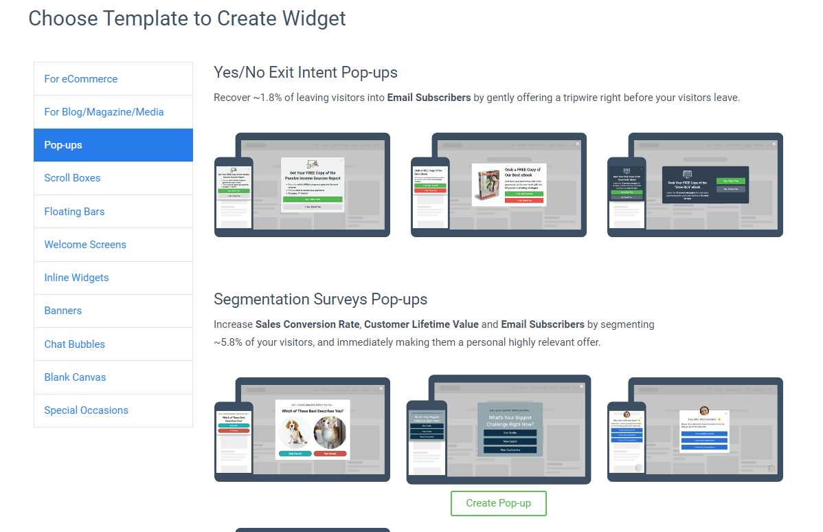 Pop-up templates