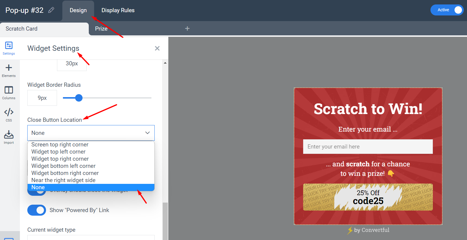 Pop-up close button setting