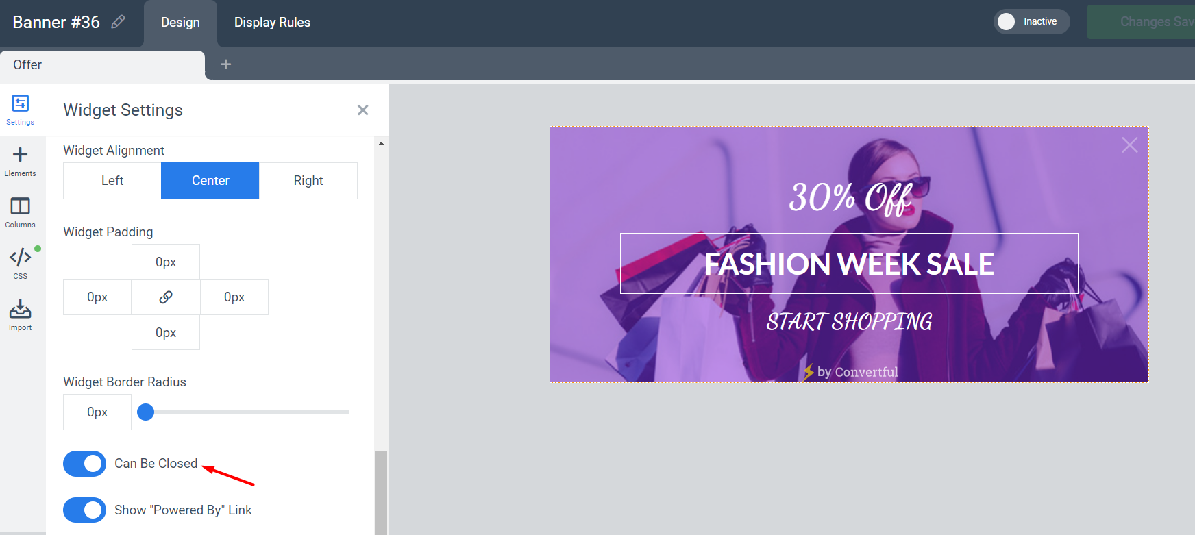 Banner close button setting