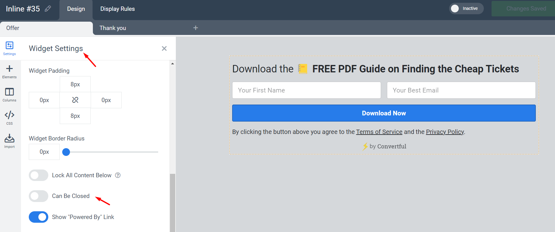 Inline widget close button setting