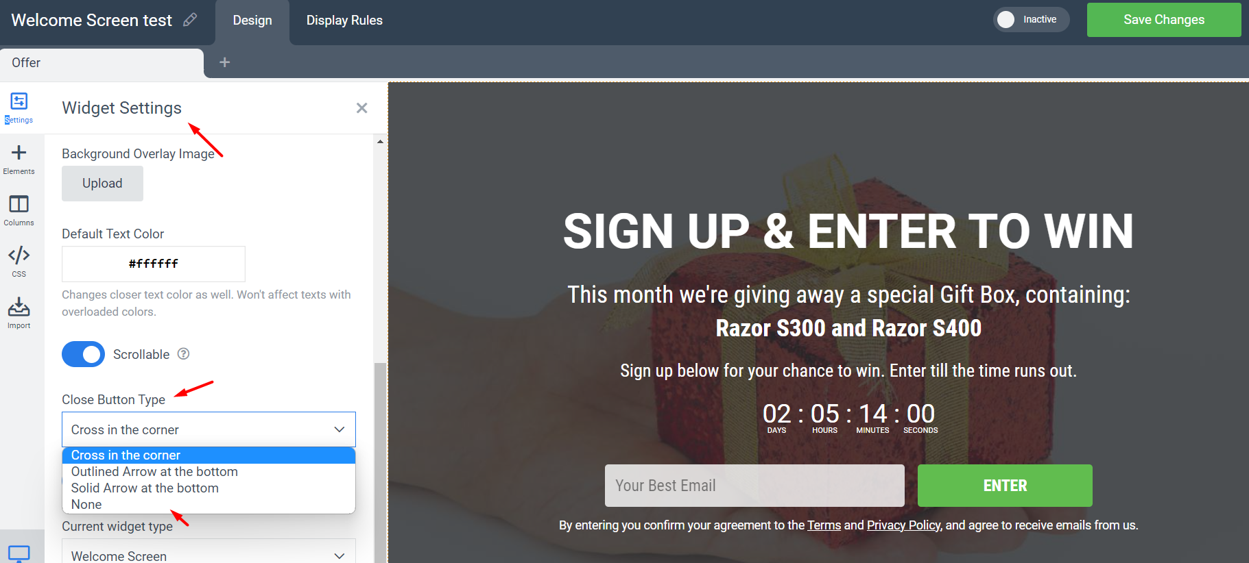 Welcome screen close button setting