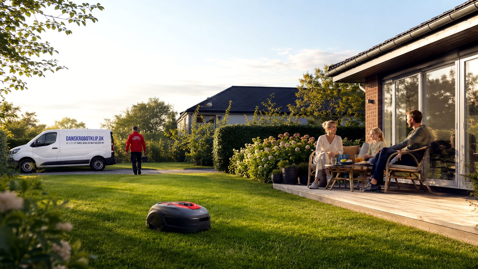 Familie slapper af på terrasse mens robotplæneklipperen holder plænen, og Dansk Robotklip servicevogn ses i haven.