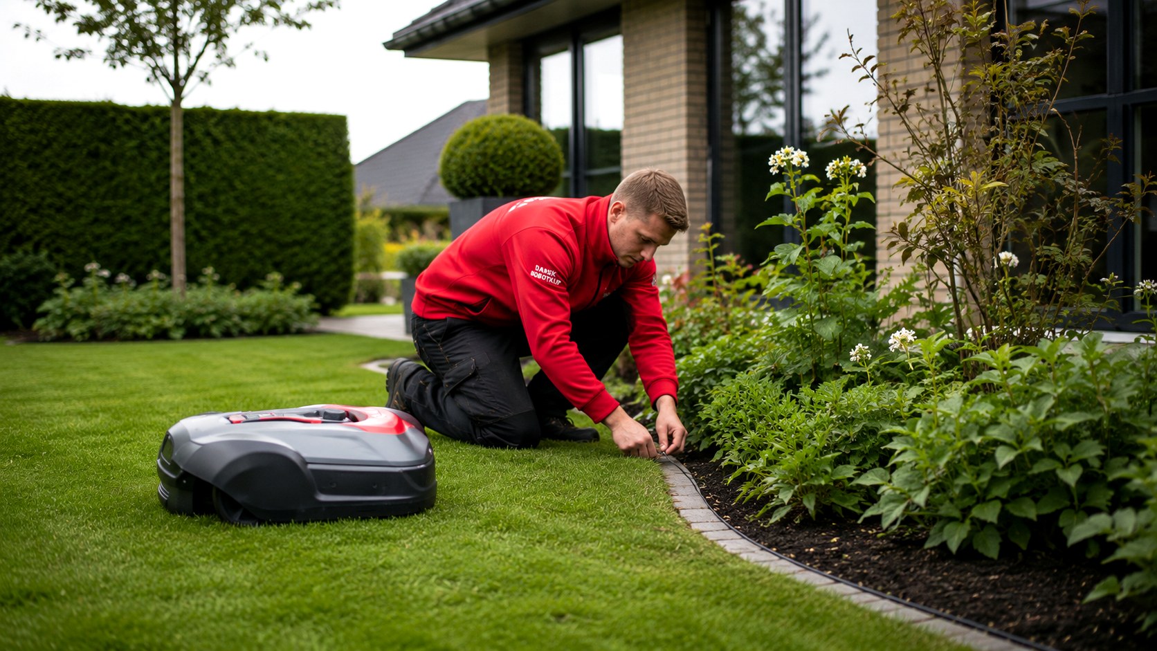 Robotplæneklipper kører på en grøn velplejet plæne med Dansk Robotklip servicevogn i baggrunden.