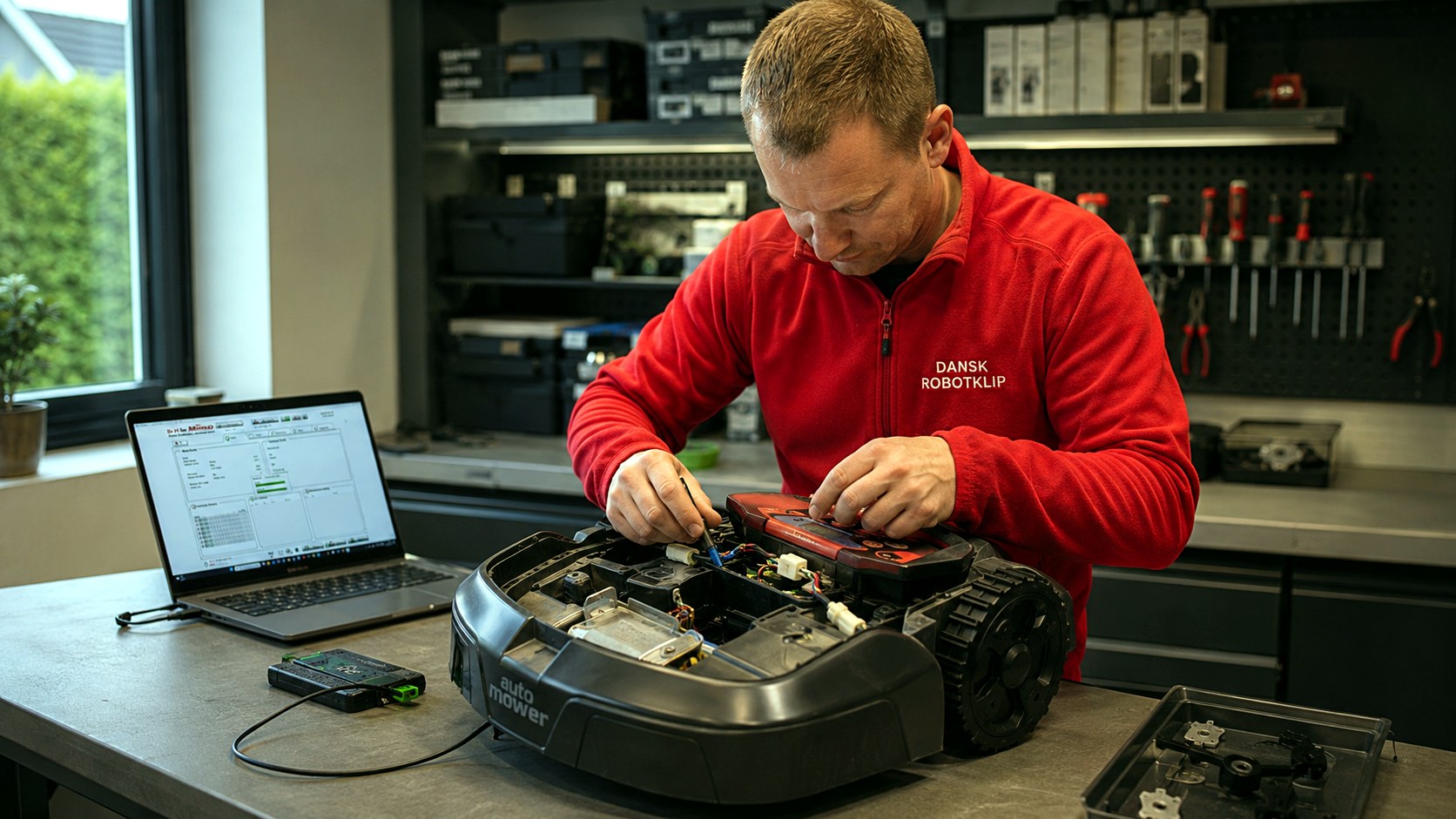 Reparation og diagnostik på værksted Tekniker fra Dansk Robotklip reparerer en åben robotplæneklipper på værksted med diagnostik på laptop.