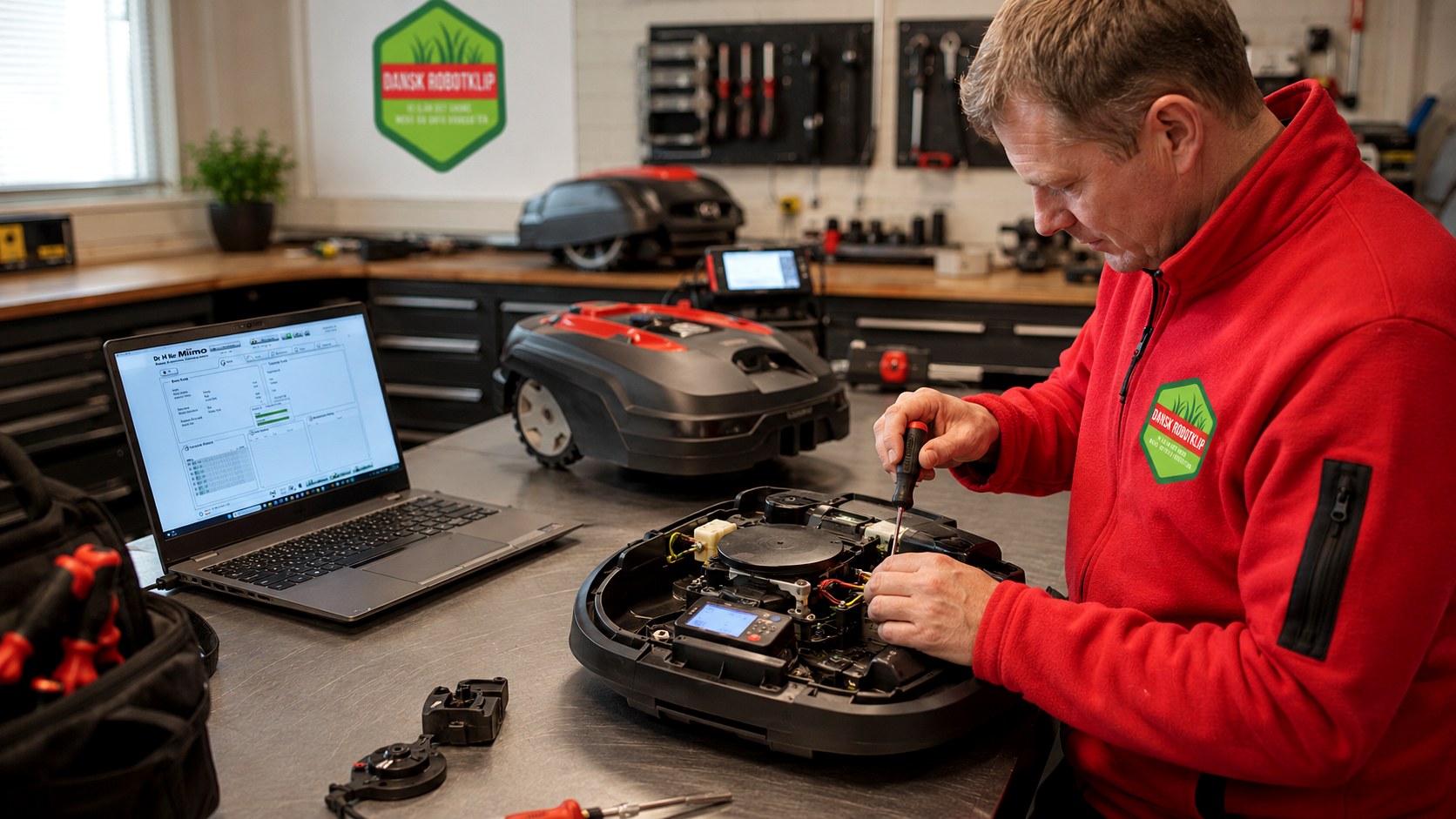 Robotplæneklipper er åben på værkstedsbord, mens tekniker fra Dansk Robotklip udfører service og reparation.