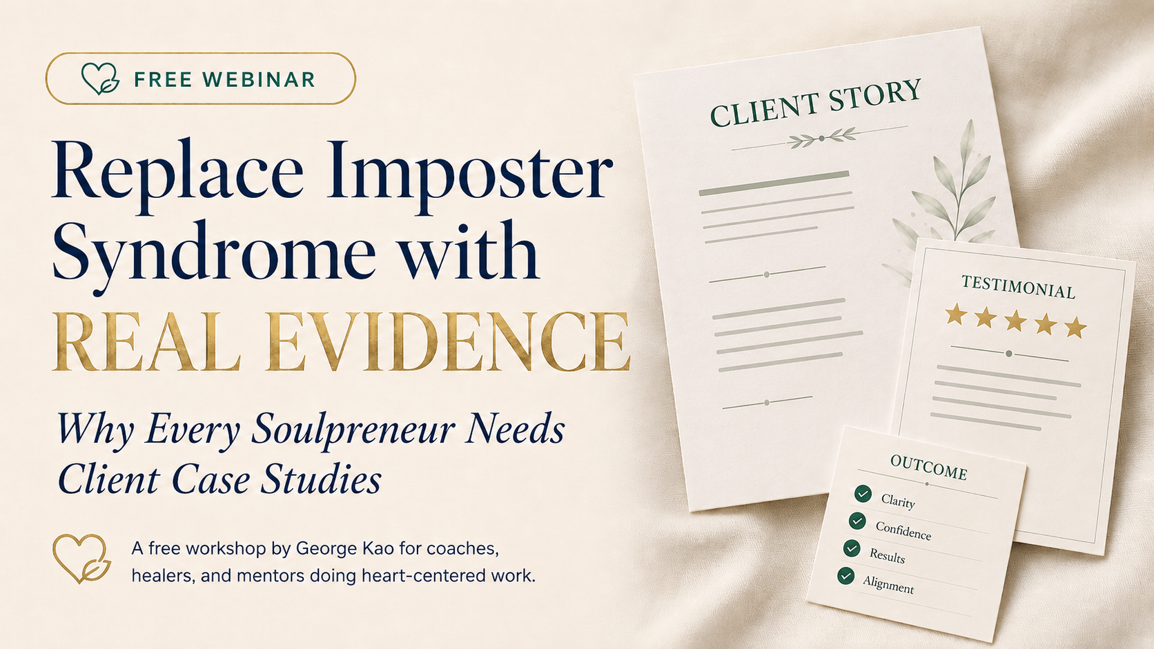 Replace Imposter Syndrome with Real Evidence — Why Every Soulpreneur Needs Client Case Studies. A free workshop by George Kao for coaches, healers, and mentors doing heart-centered work.