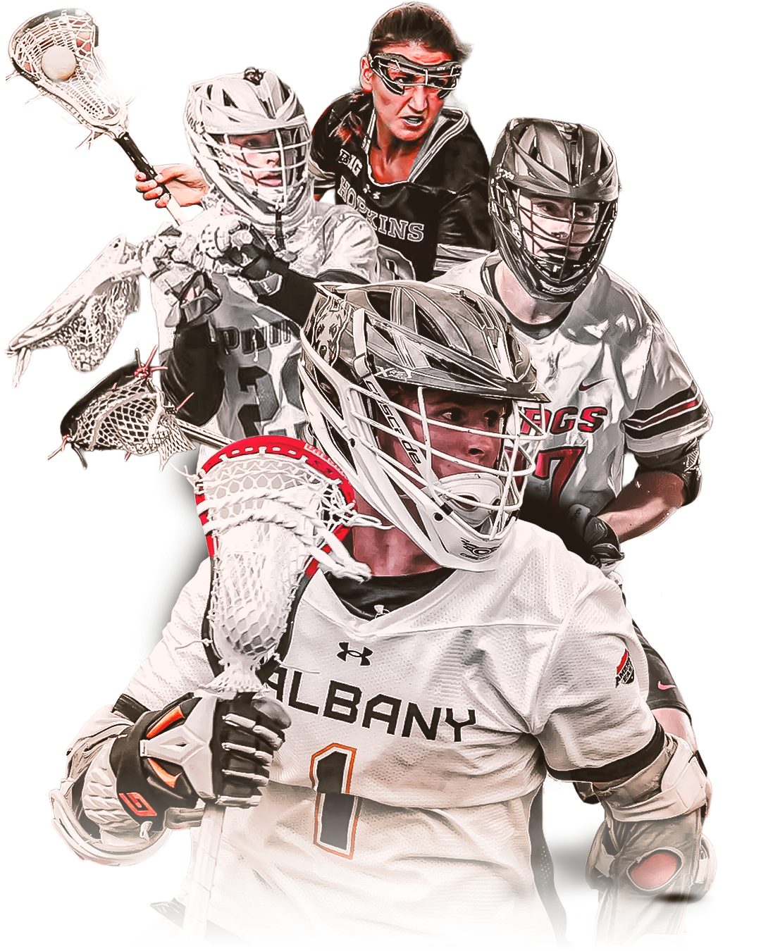 College and professional lacrosse players in a gold splash composite