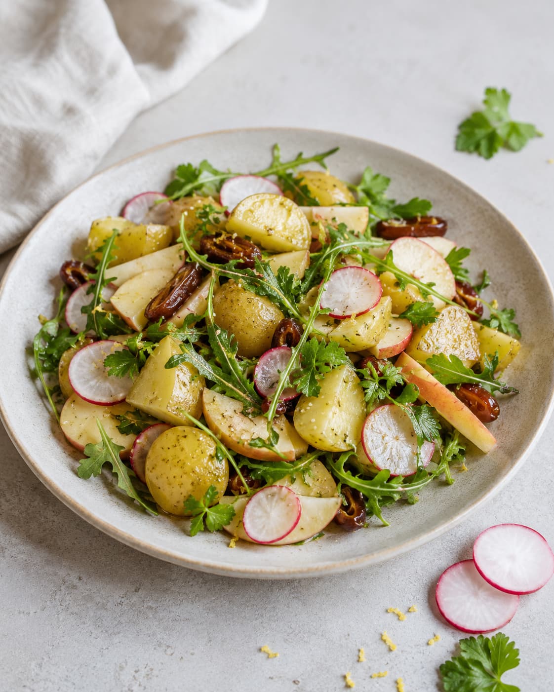Æble-kartoffelsalat med radiser og bredbladet persille