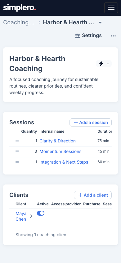Coaching program summary stacked above its sessions and clients on mobile
