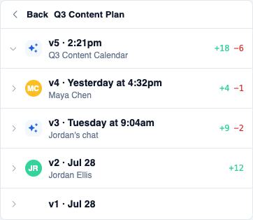 Version history showing an AI-edited row with a chat link, a directly-edited row with an avatar, and relative timestamps