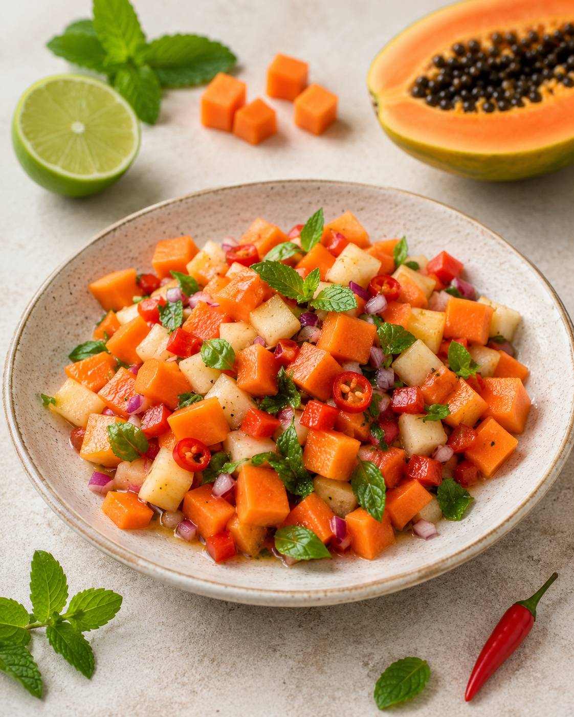 Papaya salsa med citrus, chili og friske krydderurter