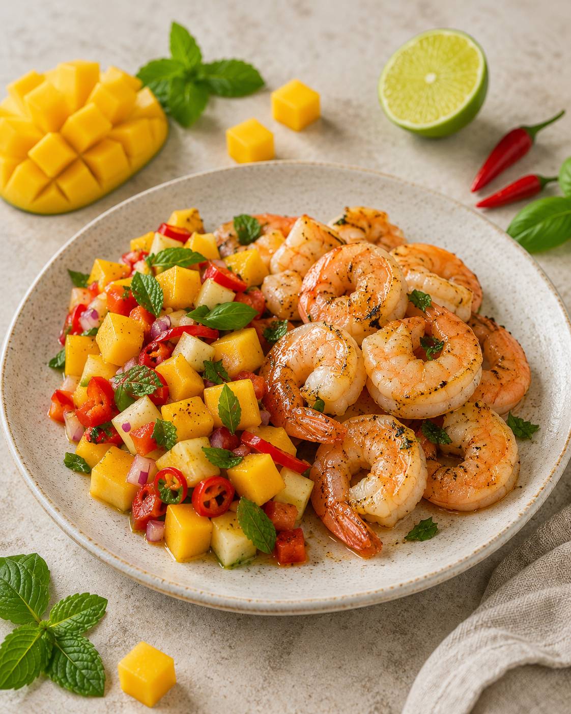 Lynoptøede rejer med mango-ingefær-chili-æble-salsa