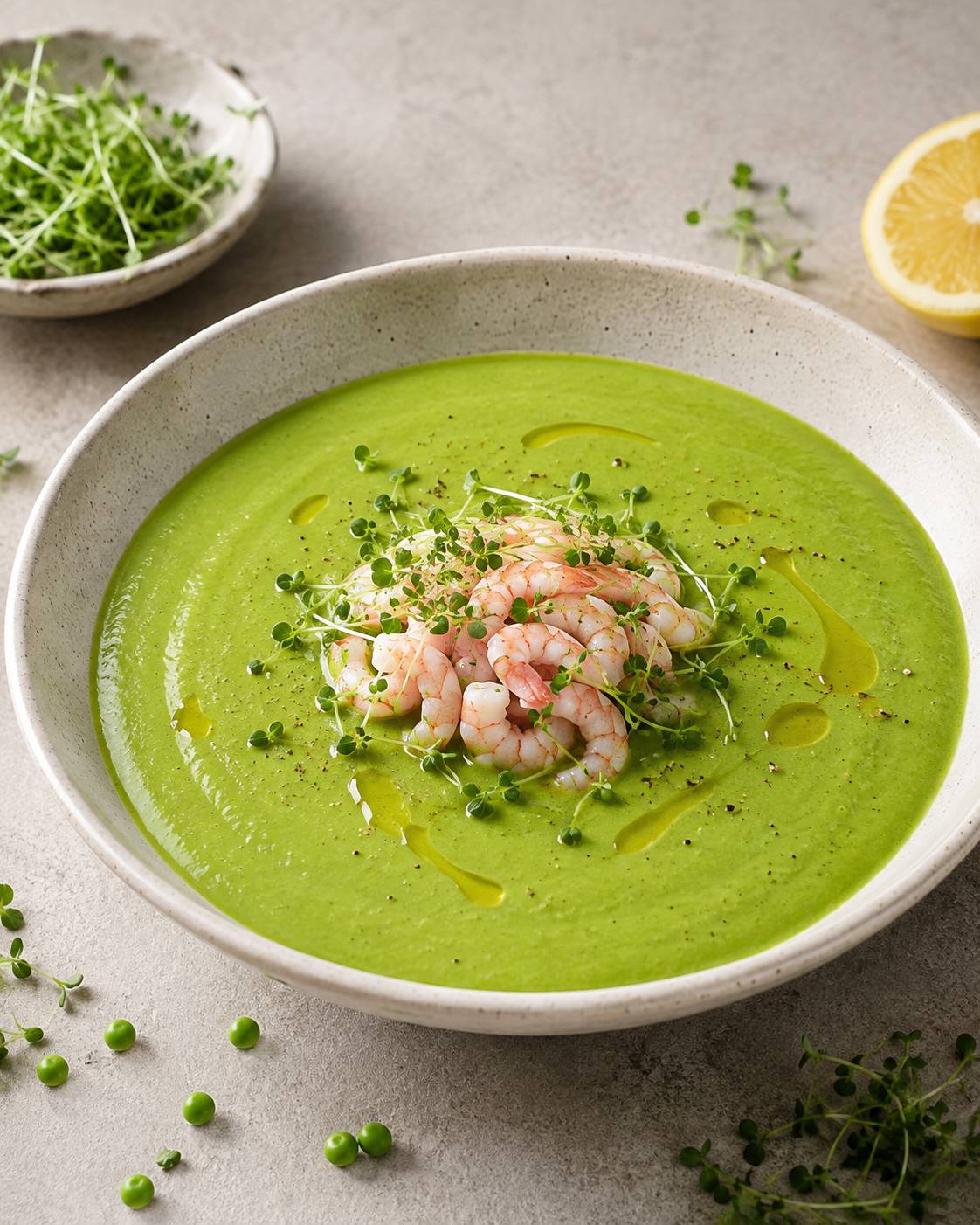 Grøn ærtesuppe med rejer og karse