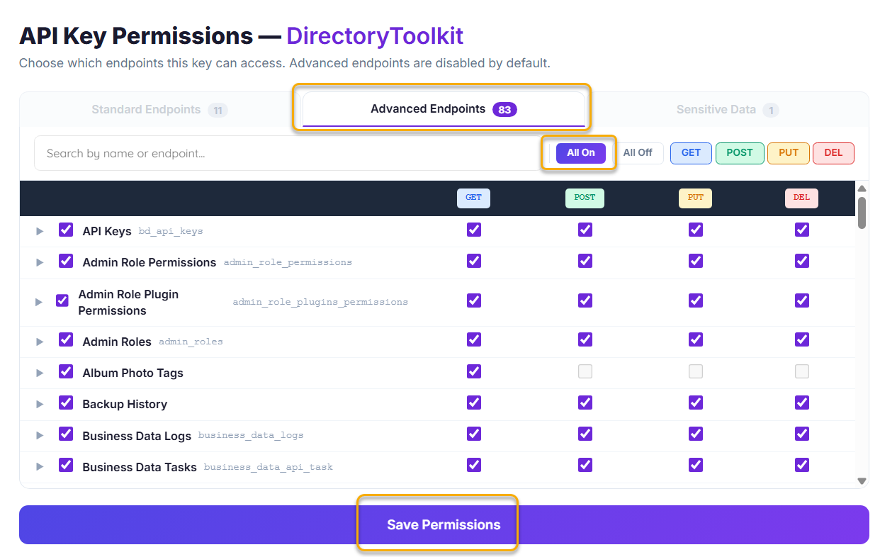 The permissions screen with the Advanced Endpoints tab open and the All On button at the top of the list
