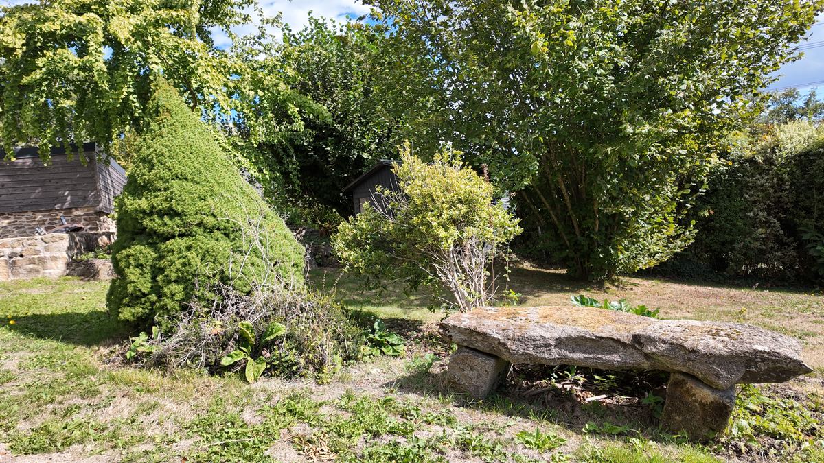 Un banc de pierre ancien sous les arbres du jardin