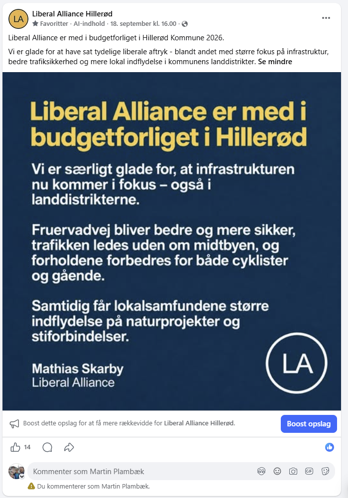 Liberal Alliance er med i budgetforliget i Hillerød. Grafik med Mathias Skarbys budskaber om infrastruktur, Fruervadvej og lokal indflydelse.
