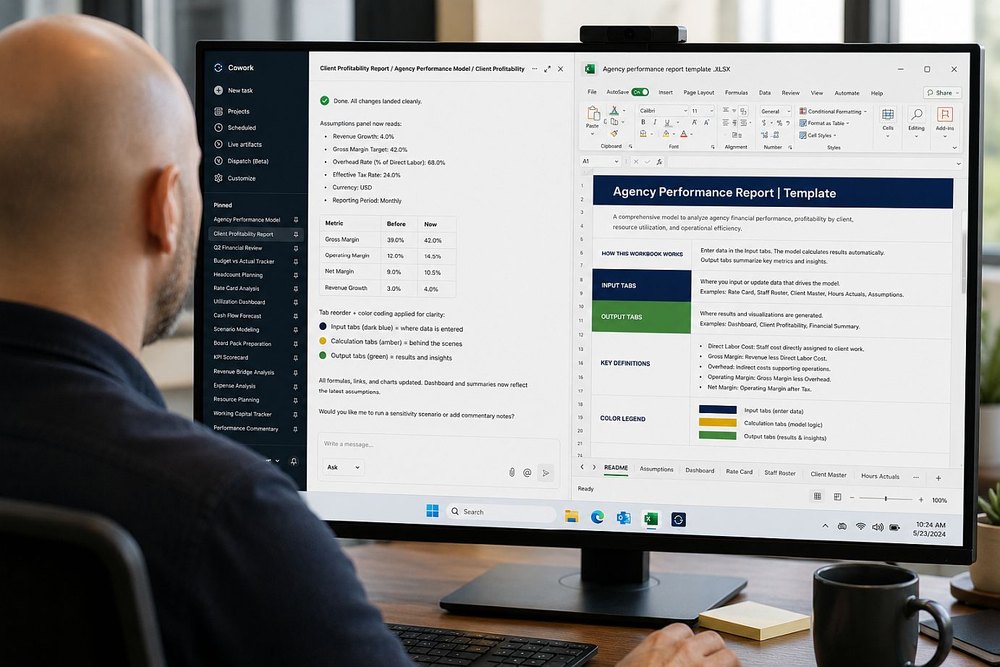 Joe Hamrahi working through an agency performance model with AI at his desk
