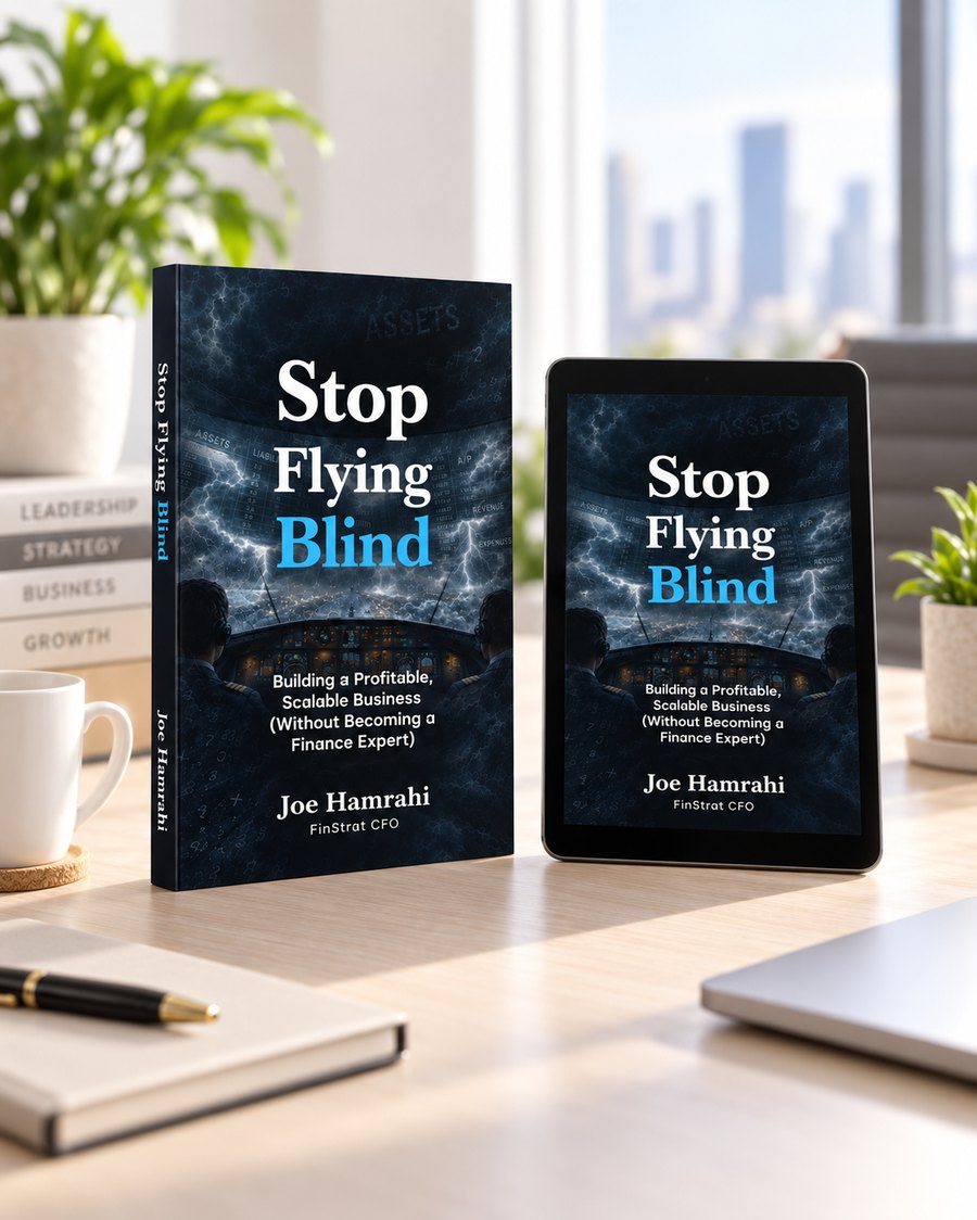 Stop Flying Blind, the book and the e-book on a tablet, on a desk