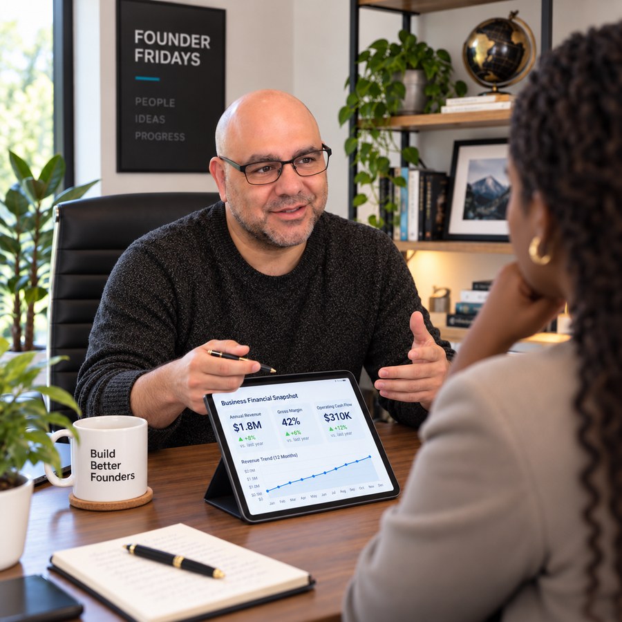 Joe Hamrahi coaching a client through her numbers on a tablet