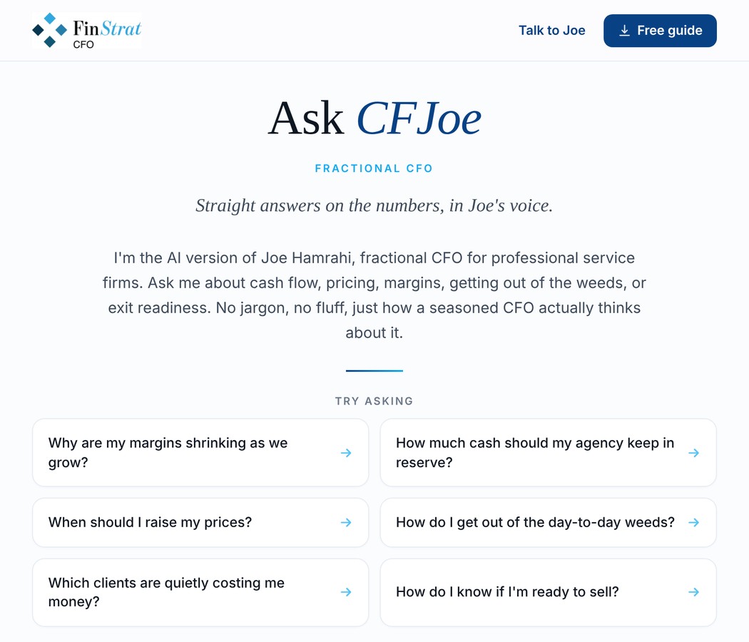 The Ask CFJoe app, showing sample questions about margins, cash reserves, pricing and selling a firm