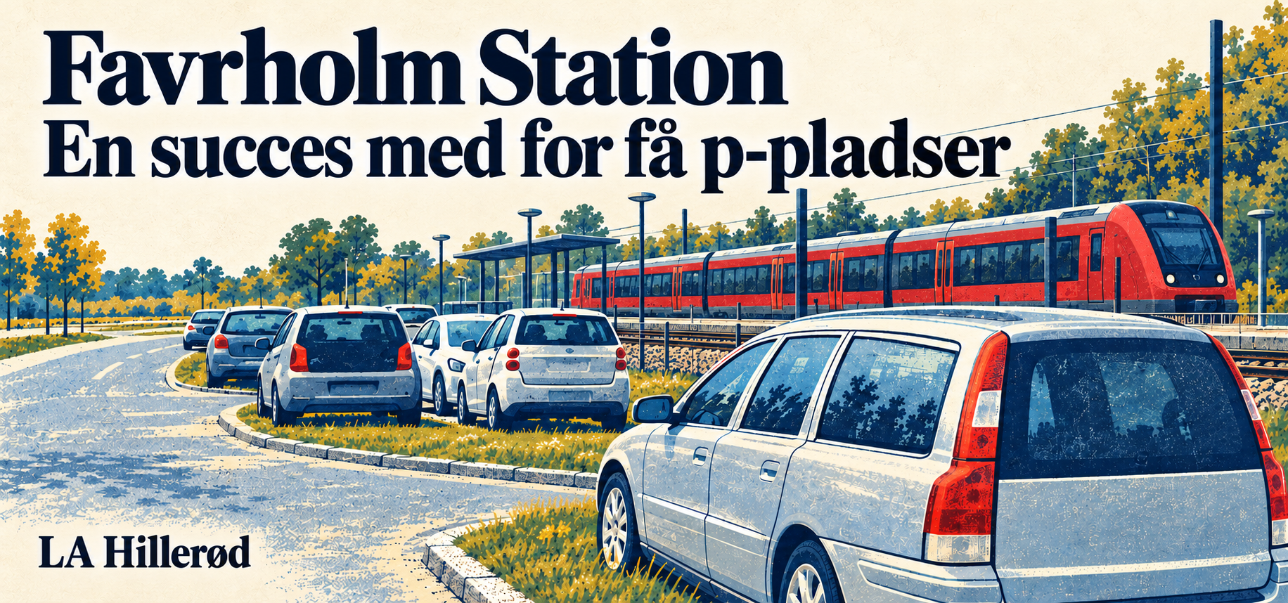 Tegnet illustration af parkerede biler og et rødt tog ved Favrholm Station