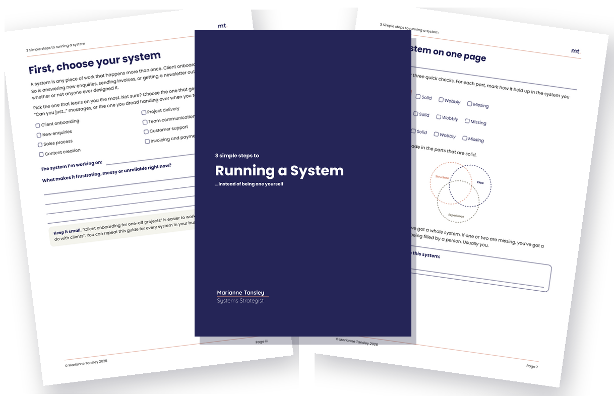 The 3 Simple Steps to Running a System guide: the cover, the Choose your system page and the Your system on one page summary