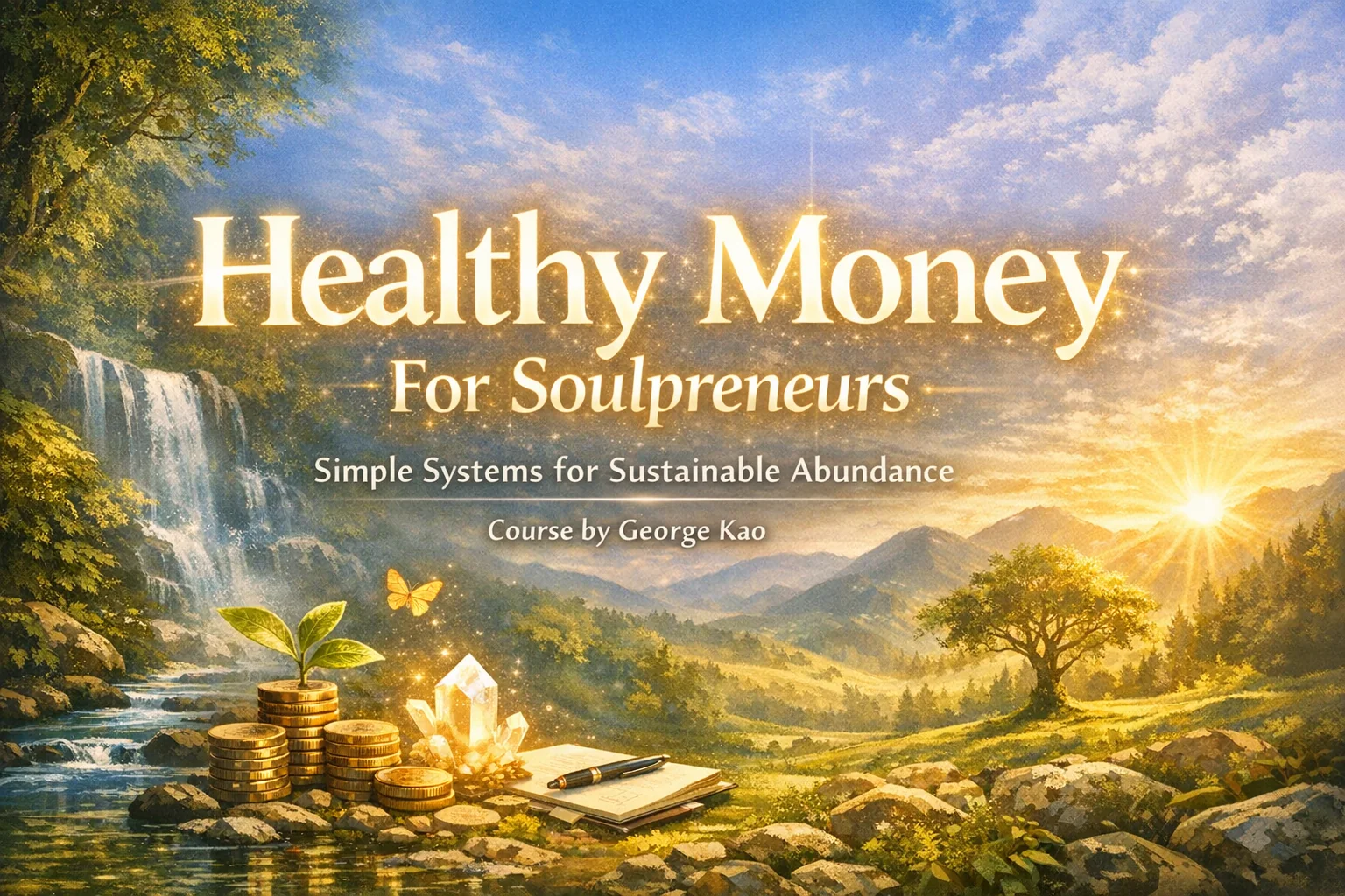 Healthy Money for Soulpreneurs: a sunlit valley with a waterfall, stacked coins with a sprout, and a notebook and pen