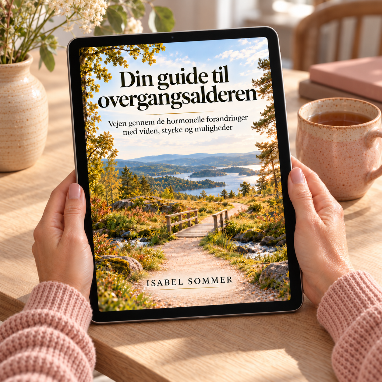Din guide til overgangsalderen på en iPad, holdt af kvindehænder ved et bord med en kop te og blomster.