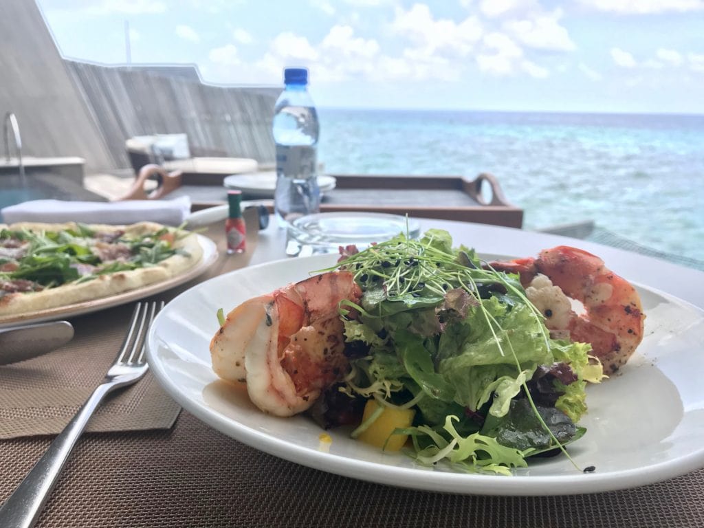 prawn and mango salad, overwater villa St. Regis Maldives 
