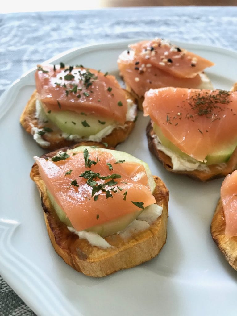 sweet potato cucumber goat cheese and smoked salmon stacks