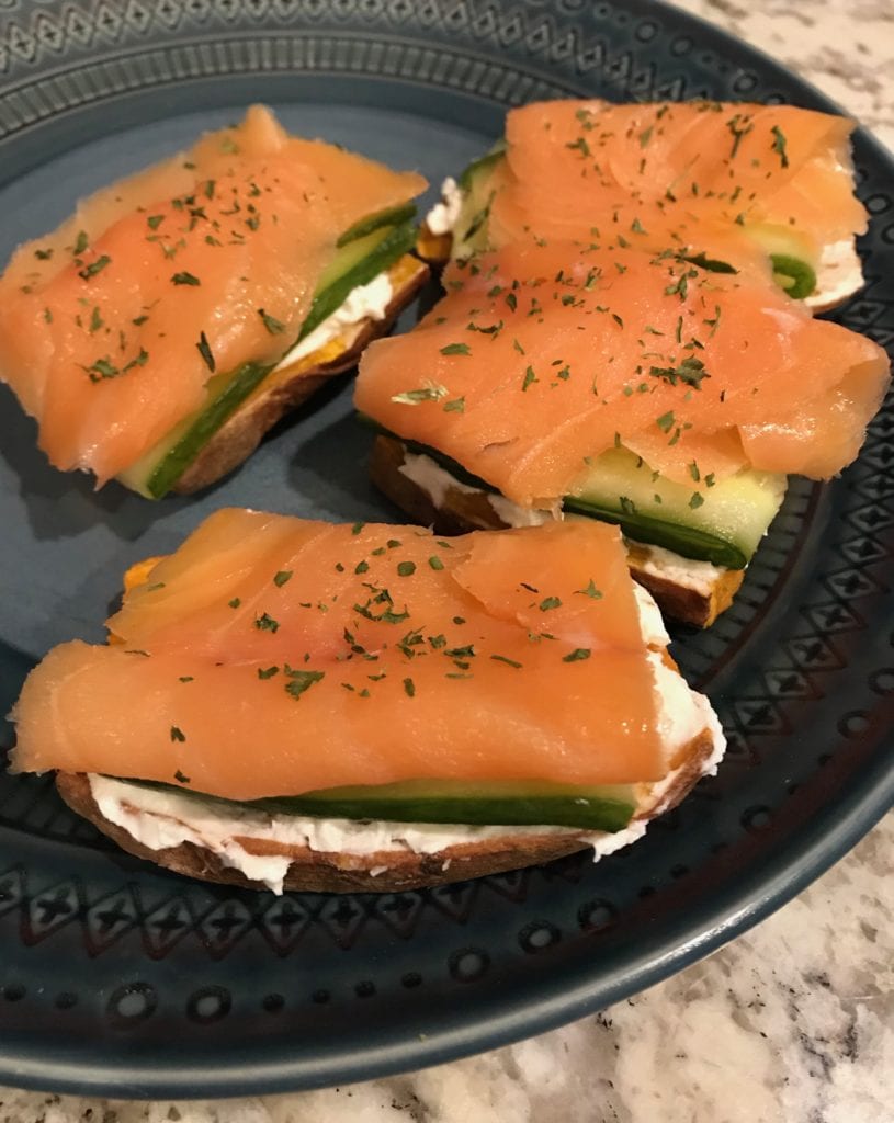 sweet potato cucumber goat cheese and smoked salmon stacks