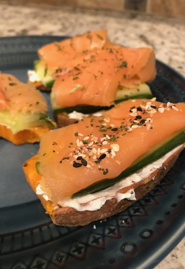 sweet potato cucumber goat cheese and smoked salmon stacks with TJ everything but the bagel seasoning