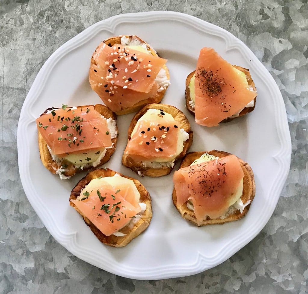 sweet potato cucumber goat cheese and smoked salmon stack appetizers 