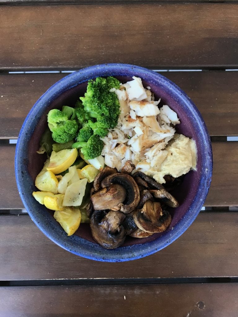 veggie bowl of goodness with ALDI pineapple jalapeño hummus