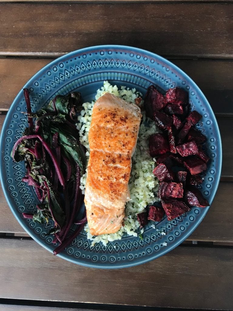 beets, salmon, and cauliflower