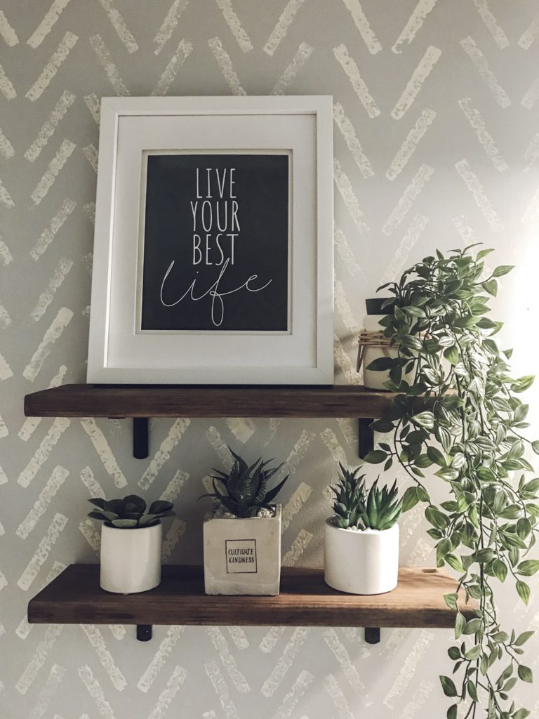 DIY faux wallpaper and shelves